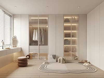 Modern Minimalist Walk In Closet Interior With Glass Wardrobes And Decor 3d model