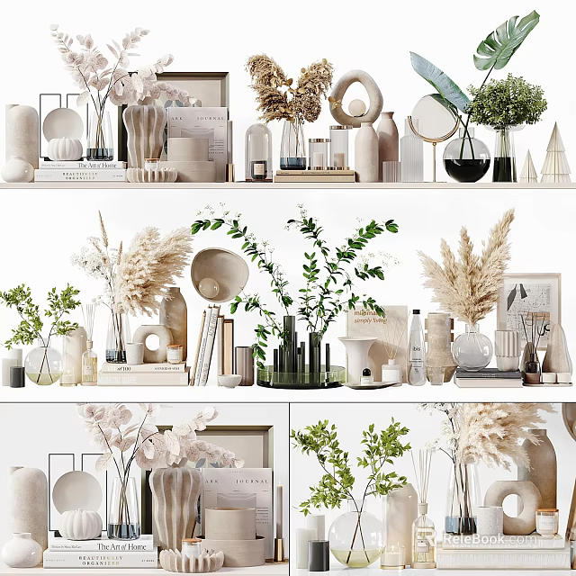 Minimalist Decorative Ornament Sets With Ceramic Vases Green Plants And Dried Flowers For Home Decor 3d model 