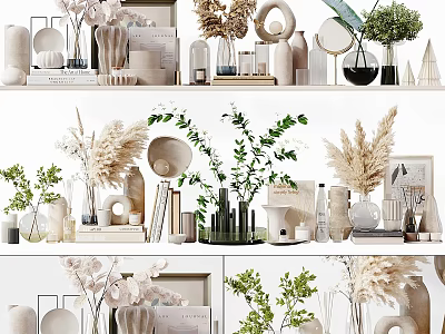 Minimalist Decorative Ornament Sets With Ceramic Vases Green Plants And Dried Flowers For Home Decor 3d model