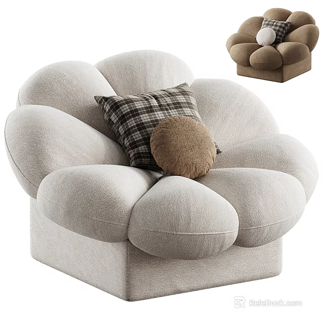 Cozy Beige Flower Shaped Single Sofa Featuring Plush Upholstery Plaid and Round Pillows 3d model 
