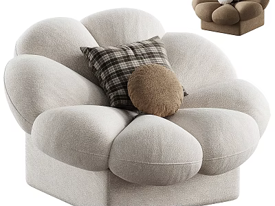 Cozy Beige Flower Shaped Single Sofa Featuring Plush Upholstery Plaid and Round Pillows 3d model