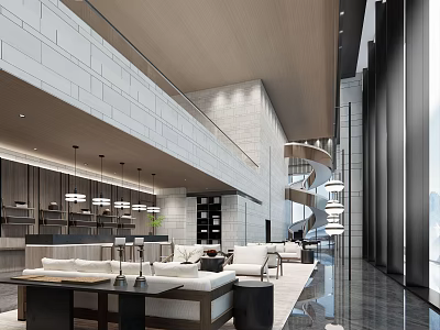 Modern Hotel Public Lounge Interior With Spiral Staircase Sofas Pendant Lights And Marble Walls 3d model