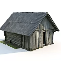 Rustic Log Cabin With Weathered Wooden Roof And Small Window On Green Grass