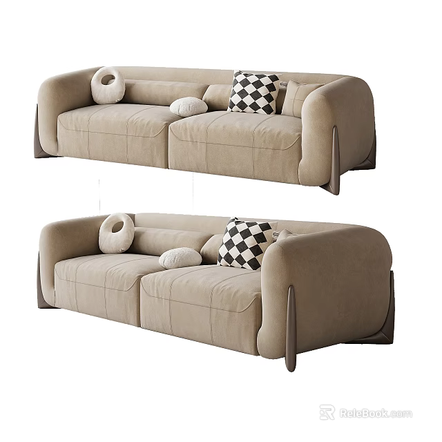 Modern Beige Sectional Sofa With Round And Black White Checkered Throw Pillows 3d model 