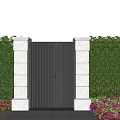 Elegant Black Gate With White Pillars Green Hedge Pink Flowers Stone Pathway And Blue Sky