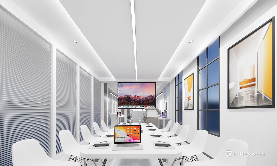 Modern Conference Room With Long Table White Chairs Large Screen And Decorative Paintings 3d model 