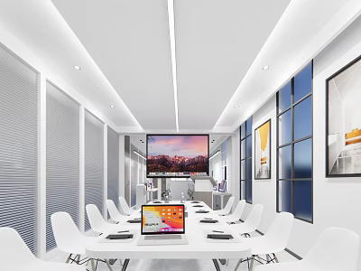 Modern Conference Room With Long Table White Chairs Large Screen And Decorative Paintings 3d model