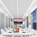 Modern Conference Room With Long Table White Chairs Large Screen And Decorative Paintings