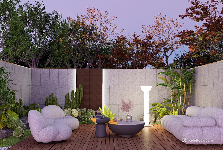 Garden Landscape With White Sofas Wooden Deck Stone Walls And Green Plants 3d model 