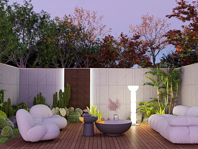 Garden Landscape With White Sofas Wooden Deck Stone Walls And Green Plants 3d model