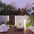 Garden Landscape With White Sofas Wooden Deck Stone Walls And Green Plants