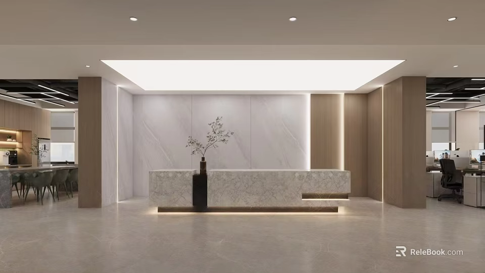 Modern Minimalist Office Reception Desk Design With Marble Counter And Wood Panel Accents Warm Lighting 3d model 