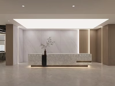 Modern Minimalist Office Reception Desk Design With Marble Counter And Wood Panel Accents Warm Lighting 3d model