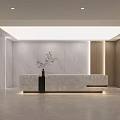 Modern Minimalist Office Reception Desk Design With Marble Counter And Wood Panel Accents Warm Lighting