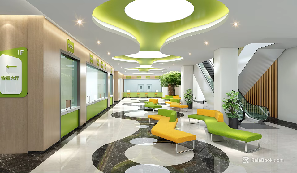 Contemporary Lobby Interior Featuring Green Curved Ceiling Yellow Green Seats And Marble Floor 3d model 