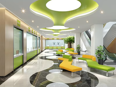 Contemporary Lobby Interior Featuring Green Curved Ceiling Yellow Green Seats And Marble Floor 3d model