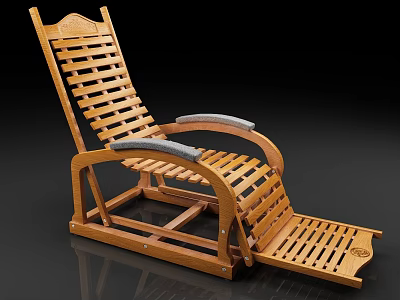 Wooden Slatted Lounge Chair With Padded Armrests And Adjustable Footrest Design 3d model