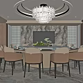 Luxurious Private Dining Room With Round Table Beige Chairs Crystal Chandelier And Marble Backdrop