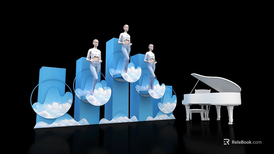 Creative Event Entrance With Blue Structure Cloud Decorations Models And White Piano 3d model 