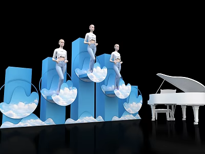 Creative Event Entrance With Blue Structure Cloud Decorations Models And White Piano 3d model