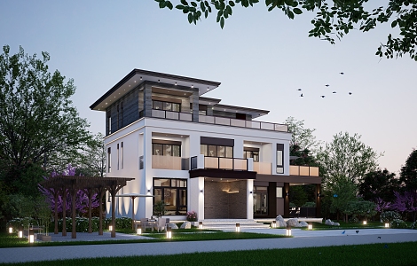 Wind three-story single-family villa light luxury 3d model