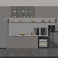 Modern Tea Room Interior With White Cabinets Glass Door Shelves Coffee Machines And Fruit Bowl