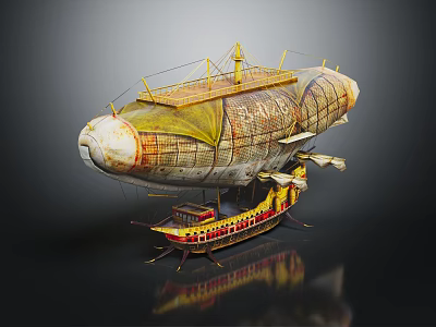 Vintage Airship With Weathered Fabric Wooden Platform And Red Yellow Lower Structure 3d model