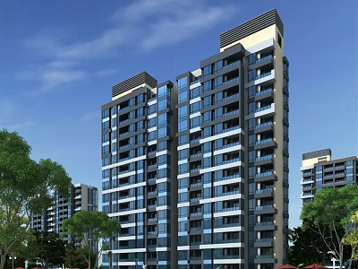Modern High Rise Residential Building With Glass Exterior And Green Tree Surroundings 3d model