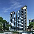 Modern High Rise Residential Building With Glass Exterior And Green Tree Surroundings