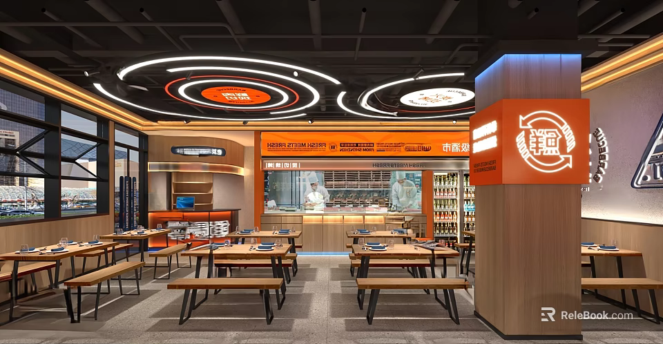 Elegant Modern Open Restaurant Interior With Orange Decor Circular Light Strips Wooden Tables And Benches 3d model 
