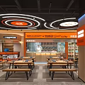 Elegant Modern Open Restaurant Interior With Orange Decor Circular Light Strips Wooden Tables And Benches