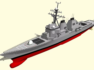 Gray Warship With Red Bottom Superstructure Radar Antennas And Deck Equipment 3d model