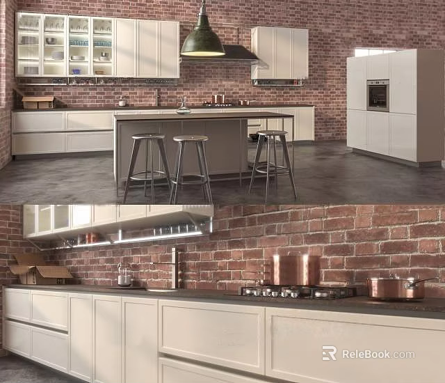 Modern Kitchen Interior With Bar Counter Stools Brick Wall And Cabinets 3d model 