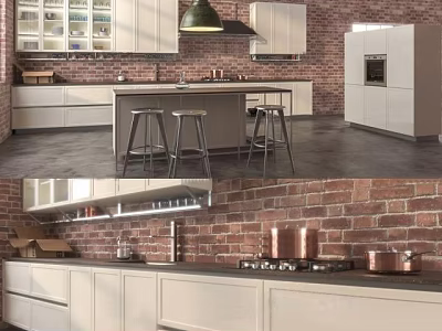 Modern Kitchen Interior With Bar Counter Stools Brick Wall And Cabinets 3d model
