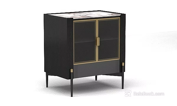 Elegant Black Decorative Cabinet With Gold Accents Glass Doors Marble Top And Slim Legs 3d model 
