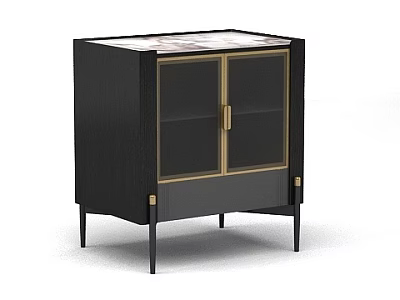 Elegant Black Decorative Cabinet With Gold Accents Glass Doors Marble Top And Slim Legs 3d model