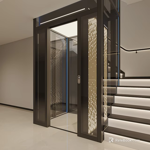 Modern Elevator With Glass Door And Black Frame Interior Staircase Lighting Design 3d model 
