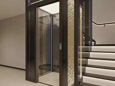 Modern Elevator With Glass Door And Black Frame Interior Staircase Lighting Design 3d model