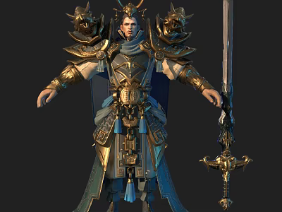 Mythic Armored Warrior With Golden Dragon Decor And Long Sword 3d model