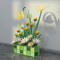 Vibrant Floral Display Design With Yellow Butterfly Decor Green Checkered Base And White Yellow Flowers
