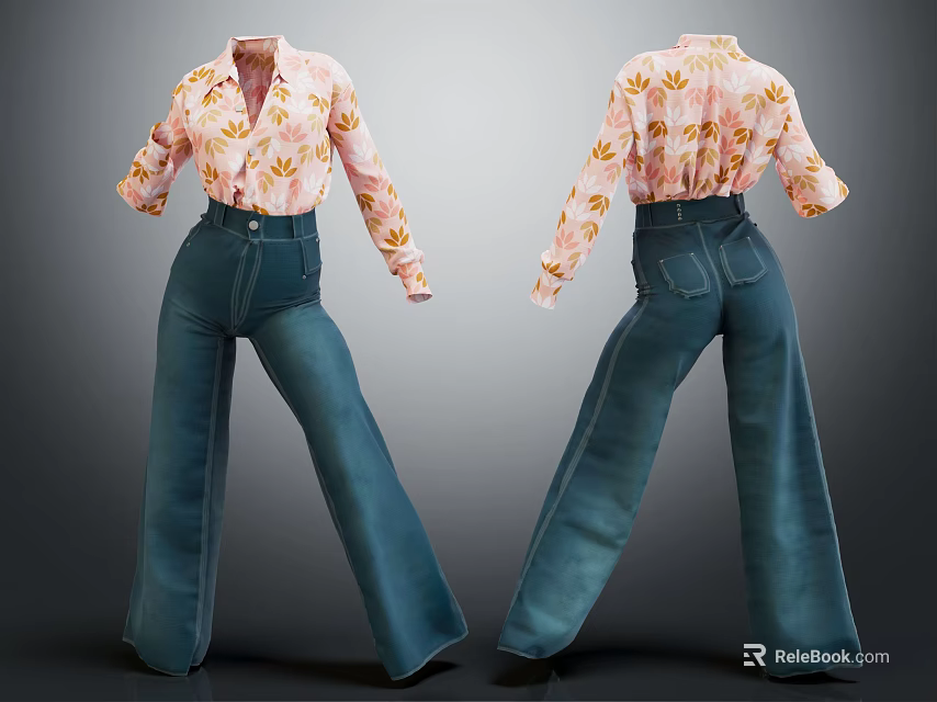 Pink Floral Print Blouse With Blue Wide Leg Jeans Fashion Outfit Design 3d model 