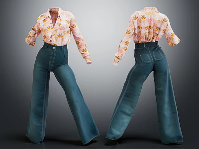 Pink Floral Print Blouse With Blue Wide Leg Jeans Fashion Outfit Design 3d model