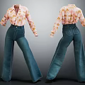 Pink Floral Print Blouse With Blue Wide Leg Jeans Fashion Outfit Design