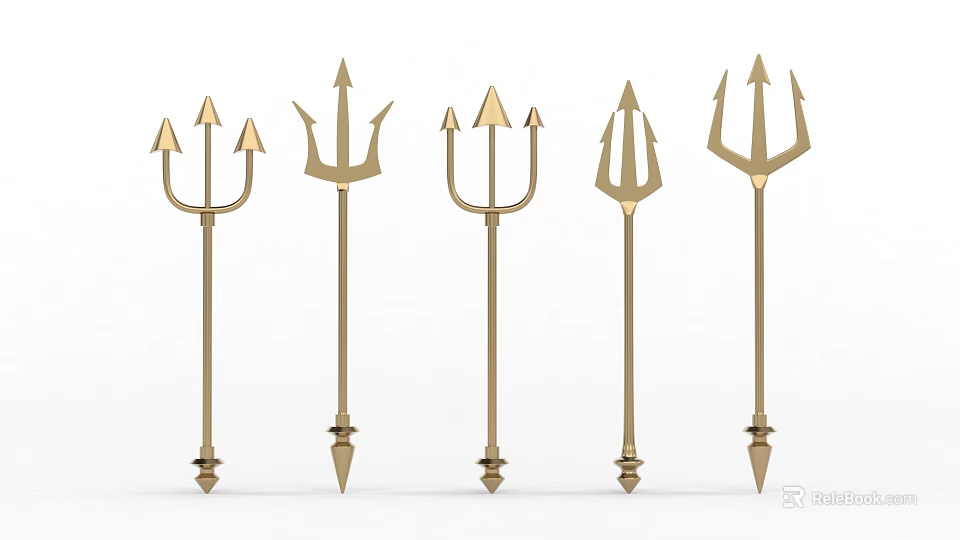 Multiple Golden Trident Weapons With Decorative Design And Metallic Finish 3d model