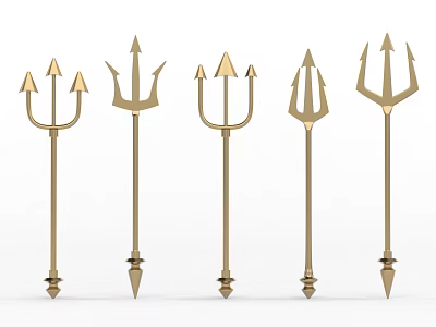 Multiple Golden Trident Weapons With Decorative Design And Metallic Finish 3d model