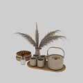 Cozy Tea Set Arrangement With Teapot Teacups Cookies On Wooden Tray And Pampas Grass