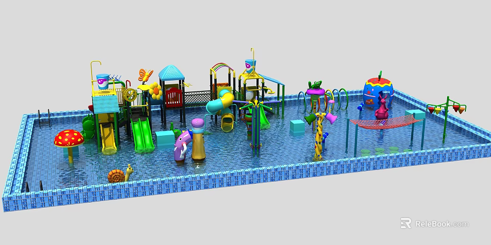 Colorful Outdoor Water Playground Equipment with Slides Sprayers and Cartoon Elements for Kids 3d model 