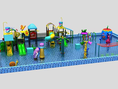 Colorful Outdoor Water Playground Equipment with Slides Sprayers and Cartoon Elements for Kids 3d model
