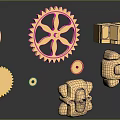 Detailed Golden Mechanical Parts Featuring Gears Wheels And Connector Components