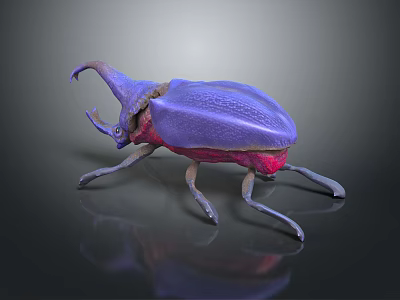 Purple and Pink Beetle With Large Horn 3D Rendered on Black Background 3d model